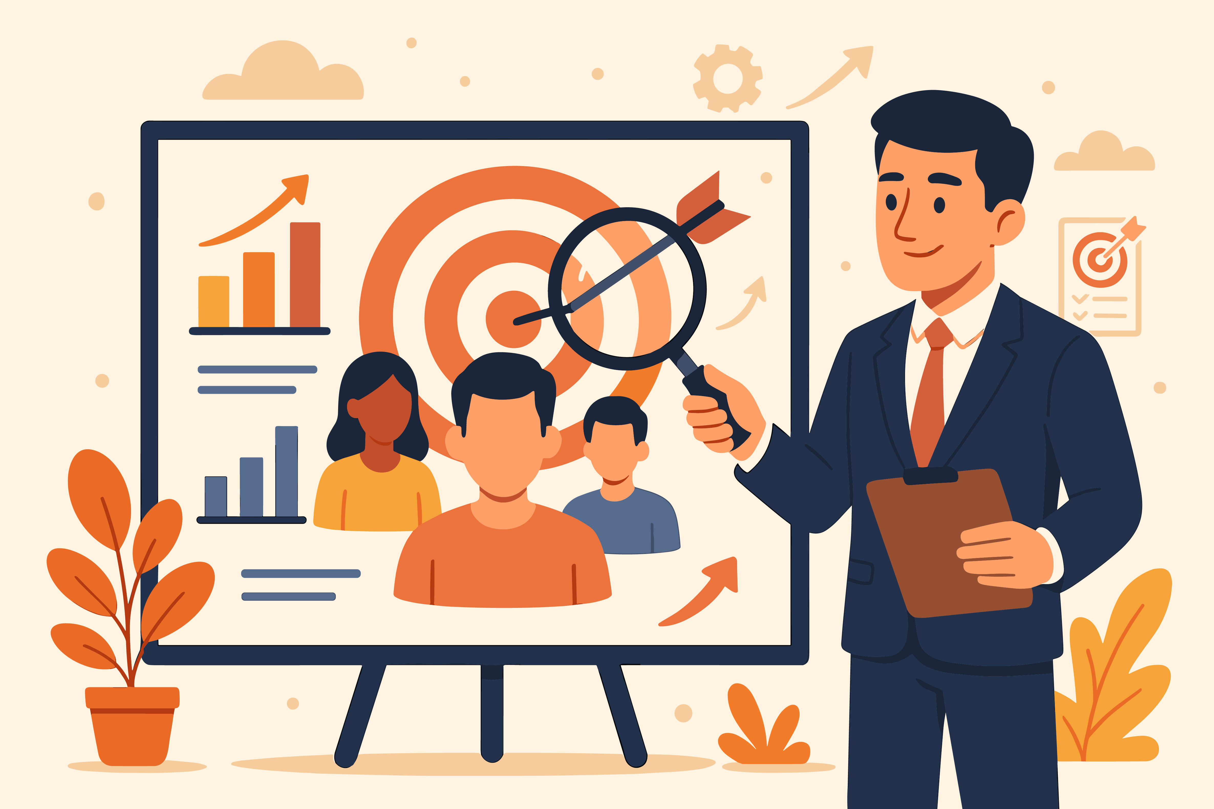 Illustration of setting marketing goals by analyzing the target audience and market data.